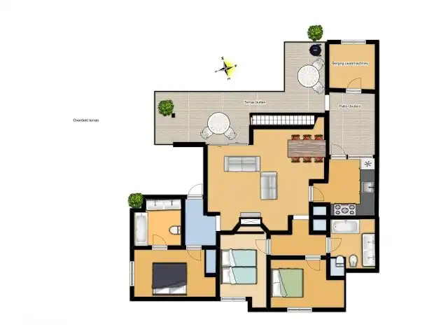 Floor plan of the house. The roof terrace is above the living room and is accessible from the terrace with an outdoor staircase.