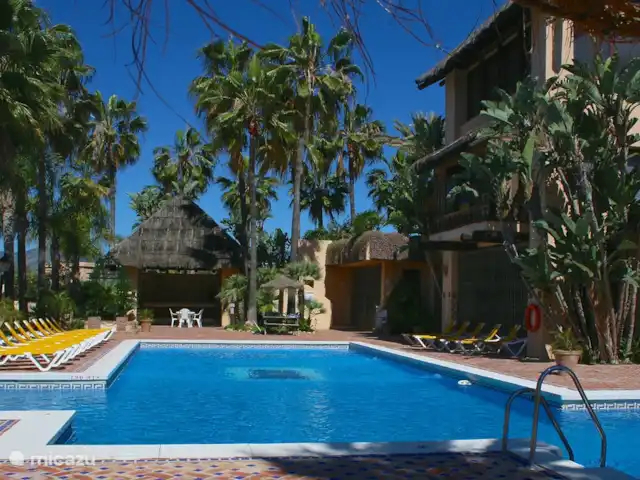 Casa Condes de Iza huren in Spanje, Costa del Sol, Marbella - vakantiehuis Het 2e zwembad met ligbedden op de urbanisatie. Net zo rustig als het andere bad.
Het park wordt keurig onderhouden door 2 hardwerkende broers/tuinmannen.