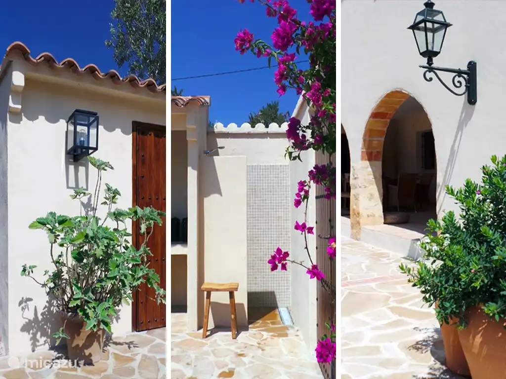 Details von der sonnigen Terrasse mit Außendusche.