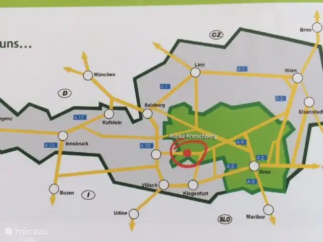 Übersichtskarte Österreich (Ort Sankt Lorenzen 7 km westlich von Murau)