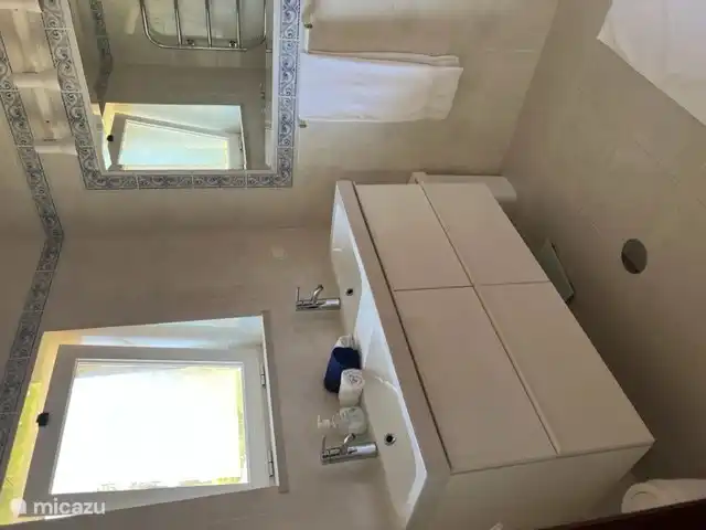 Badkamer met dubbele wasbak en douche