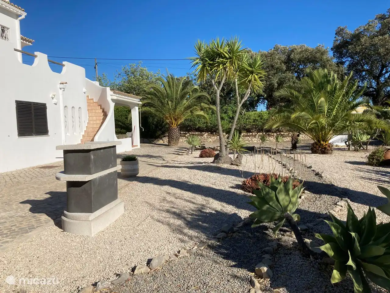 Foto general del amplio jardín delantero con barbacoa.