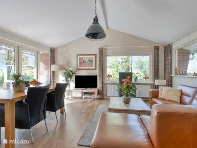 el martín pescador en Países Bajos, Güeldres, Winterswijk - bungaló La luminosa sala de estar con sala de estar / comedor y puertas que dan al patio con una magnífica vista