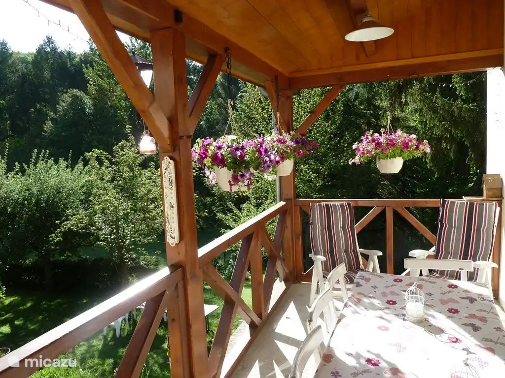 Von der Terrasse aus Blick in den Waldgarten, Morgensonne!