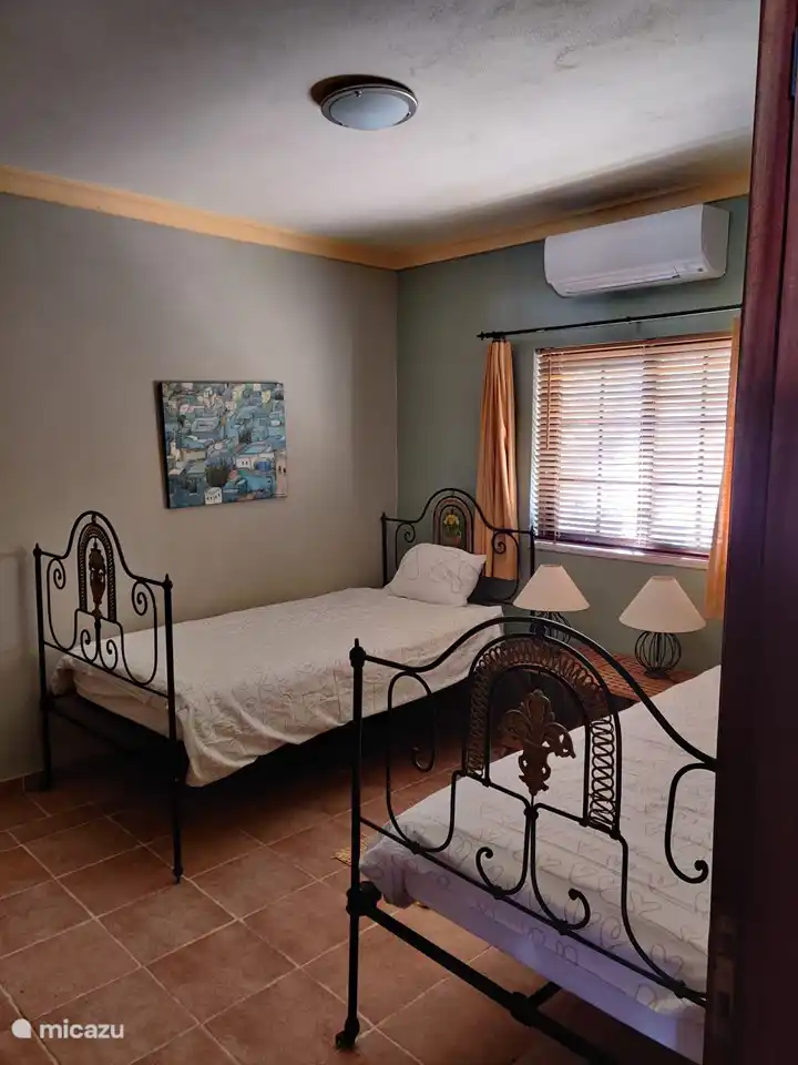 The olive-colored bedroom with 2 authentic Portuguese single bedsteads