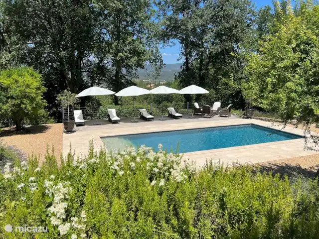Location de Vacances France, Vaucluse, Roussillon, villa - Villa Rosalys La piscine (au sel) de 9,5 x 5 m avec plage en bois et terrasse en pierre. Y compris transats avec coussins et chaises avec hocker avec coussins