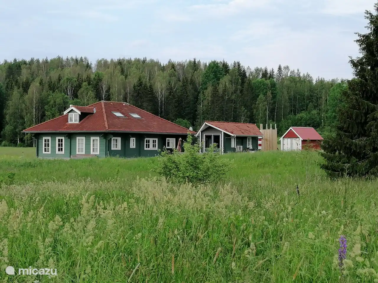 Dies ist unser wunderbares Zuhause mit der Kabine, in der sich die Sauna befindet. Wir haben einen großen Garten um unser Haus, wo Sie immer in der Sonne sitzen und Kinder spielen können.