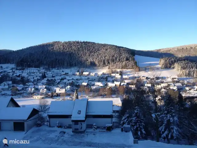 appartement huren in Duitsland, Sauerland, Niedersfeld - Winterberg – Luxe app. met sauna, Heerlykhuys A Vanaf het balkon heb je een prachtig uitzicht over de bergen.