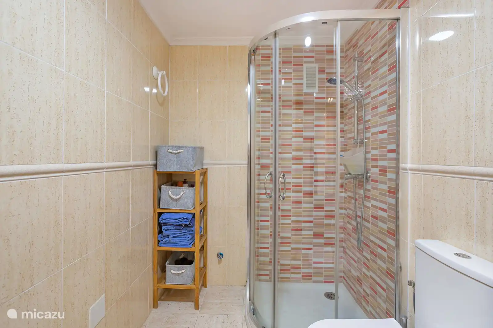 An extremely functional bathroom with walk-in shower.