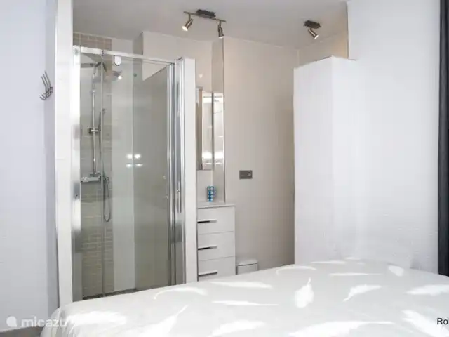 Villa Emma, Benitatchell, Moraira | Espagne, Costa Blanca, Benitachell - villa La chambre du bas à l'arrière avec lavabo, douche à l'italienne et les toilettes séparées à droite.