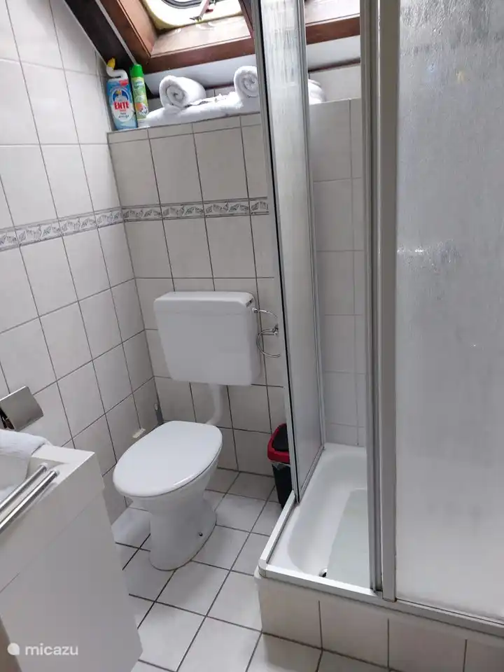 Badezimmer im Hochparterre mit WC, Dusche und Waschbecken. Kindgerechtes Thermostatventil. Hochdruckdusche.