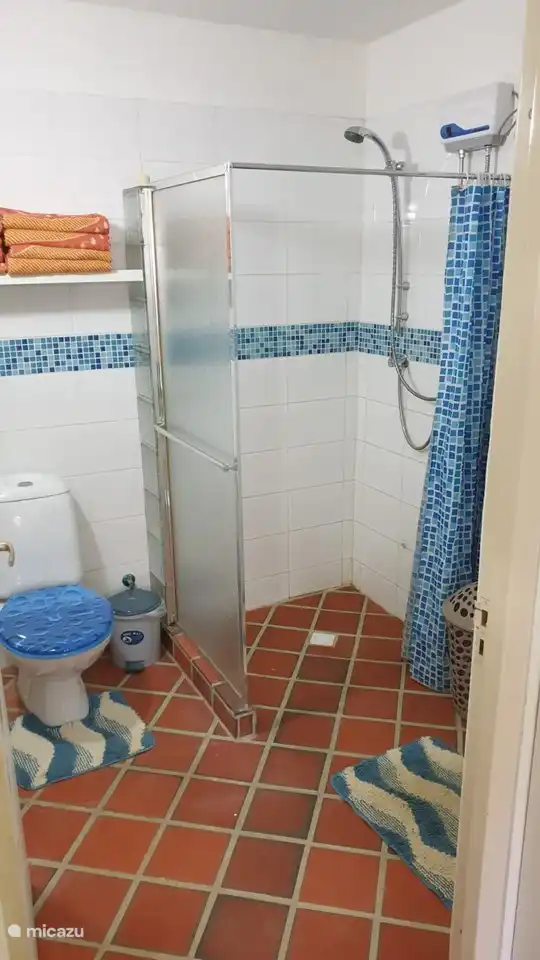 La salle de bain, avec beaucoup de serviettes de bain, une douche et des toilettes, et un lavabo avec meuble bas pour tous vos articles de toilette, panier à linge et poubelle.