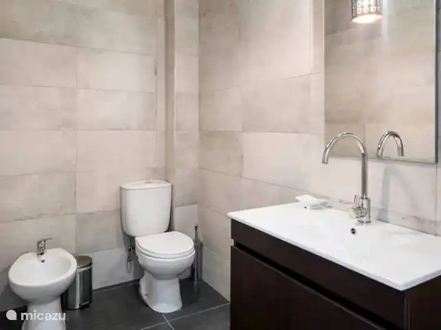 Lugar do Pego huren in Portugal, Viseu, Tondela - vakantiehuis De badkamer en suite bij de slaapkamer op de begane grond, met toilet, bidet en wastafel