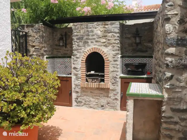 Villa Las Dalias sur la Costa Tropical | Espagne, Costa Tropical, Almuñécar - villa cuisine extérieure avec barbecue au charbon de bois, grande poêle à paella et grande poêle à gaz wok
