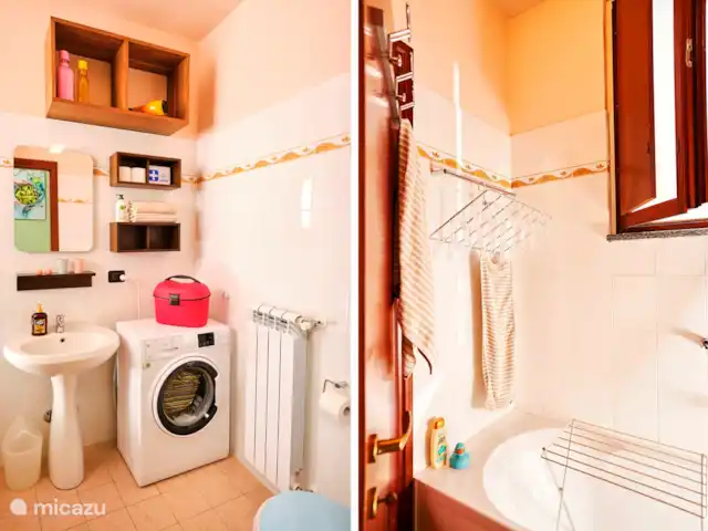 Le Quattro Stagioni Vue sur le lac  | Italie, Lac de Côme, Acquaseria - appartement Salle de bain entièrement équipée avec fenêtre et machine à laver
