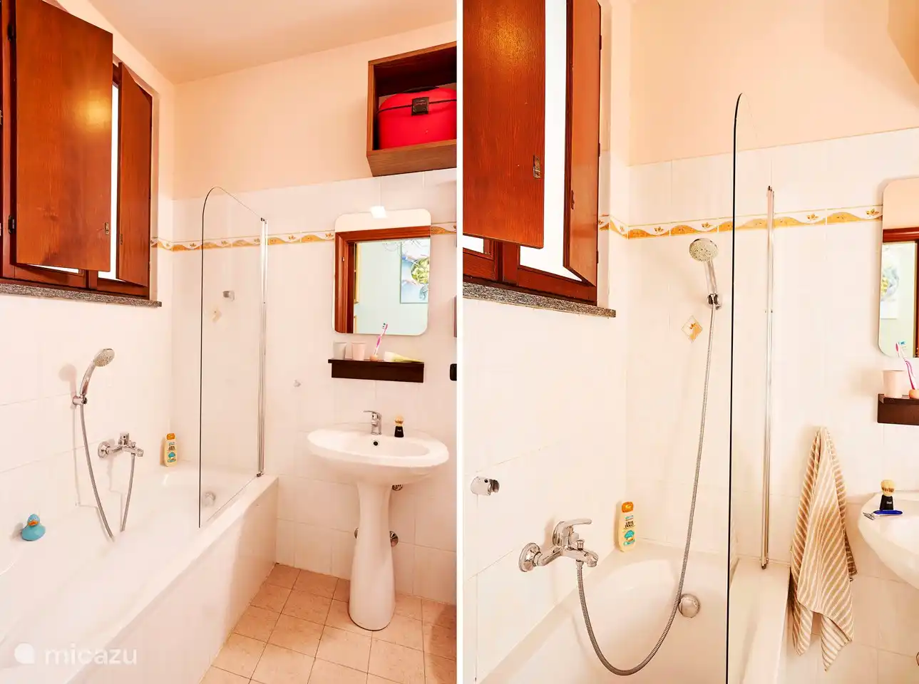 Cuarto de baño con bañera/ducha, lavabo, inodoro, lavadora y ventana.