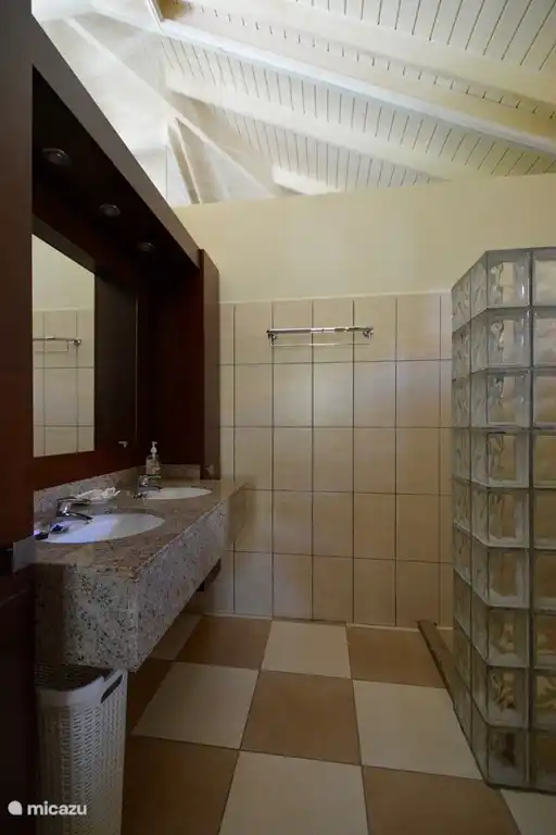 Cuarto de baño 1 con 2 lavabos, ducha a ras de suelo e inodoro colgante.