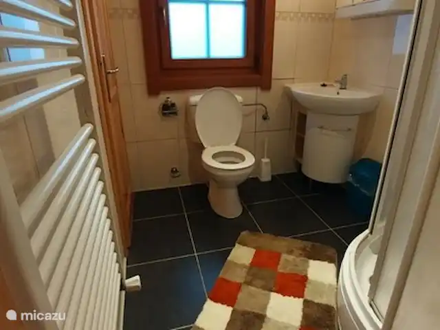 Boekhorst Hackfort | Pays-Bas, Limbourg, Echt-Susteren - maison de vacances Il s’agit d’une photo grand angle de la salle de bain, y compris les toilettes. La porte est l’accès au placard de travail où le chauffage central est suspendu et l’aspirateur est