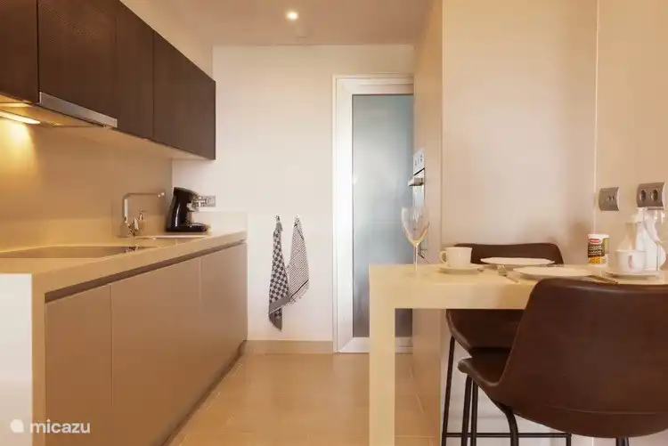 Küche mit Theke, Geschirrspüler, Backofen, Kühlschrank und Gefrierschrank