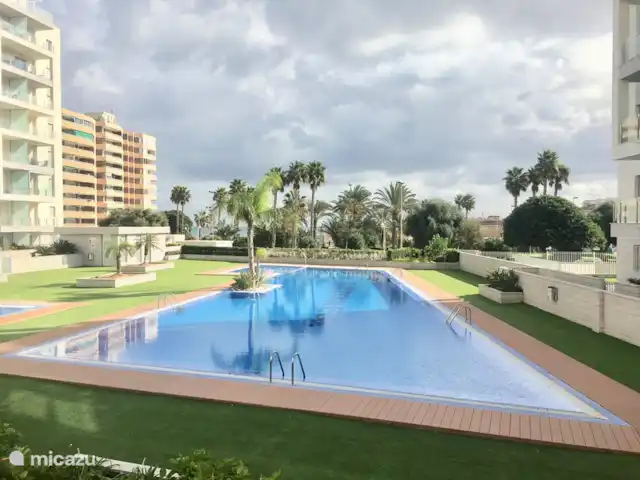 Playa de naturaleza acuática en España, Costa Blanca, La Mata - apartamento La gran piscina con solarium duchas y aseo.