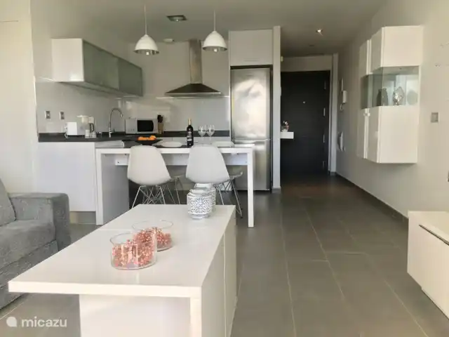 Playa de naturaleza acuática en España, Costa Blanca, La Mata - apartamento Visto desde la puerta corredera.