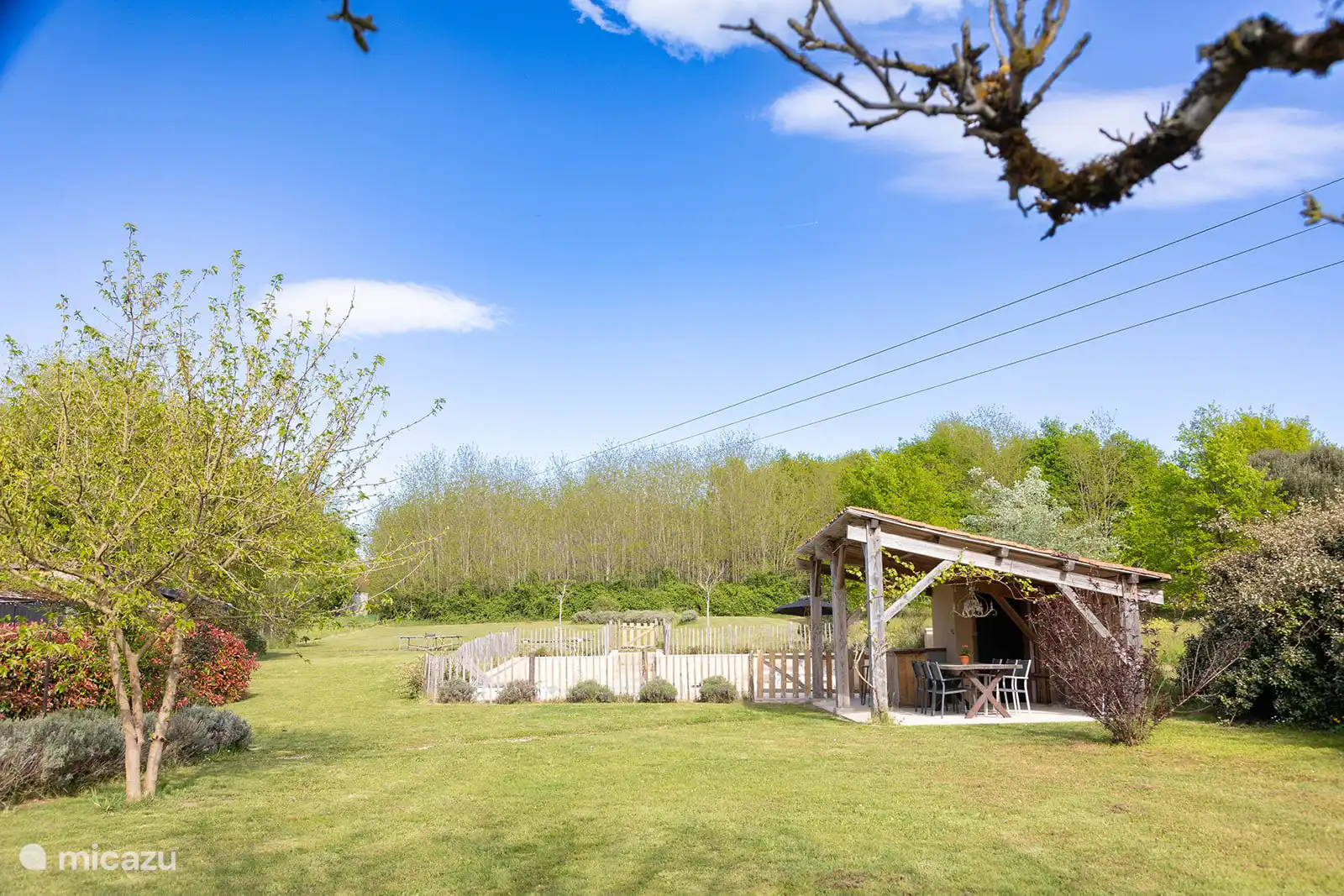 Tuinhuis met barretje bij het zwembad, zicht op de tuin
