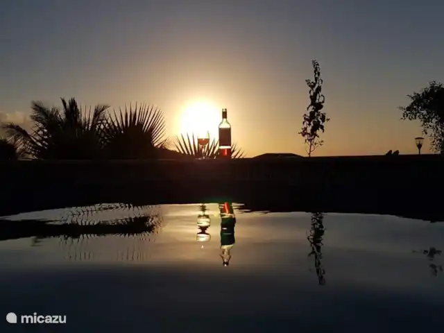 Cas Bon Bini - avec piscine | Curaçao, Banda Abou (ouest), Fontein - villa Coucher de soleil au bord de la piscine avec un verre de vin frais.