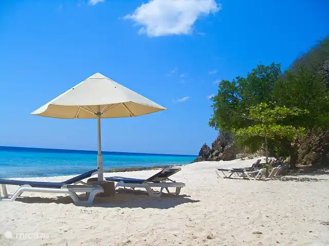 Am Strand mit türkisfarbenem Wasser und weißem Sand.