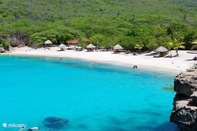 Am Strand mit türkisfarbenem Wasser und weißem Sand.