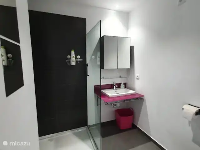 casa vacacional en España, Costa Blanca, Orihuela Costa – Golfo y Mar Baño 1 con ducha a ras de suelo, lavabo e inodoro