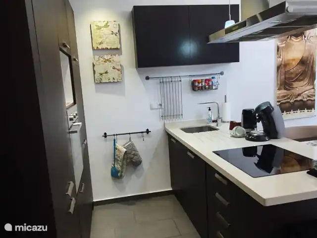 casa vacacional en España, Costa Blanca, Orihuela Costa – Golfo y Mar Cocina moderna con lavavajillas, microondas, horno, nevera con congelador.