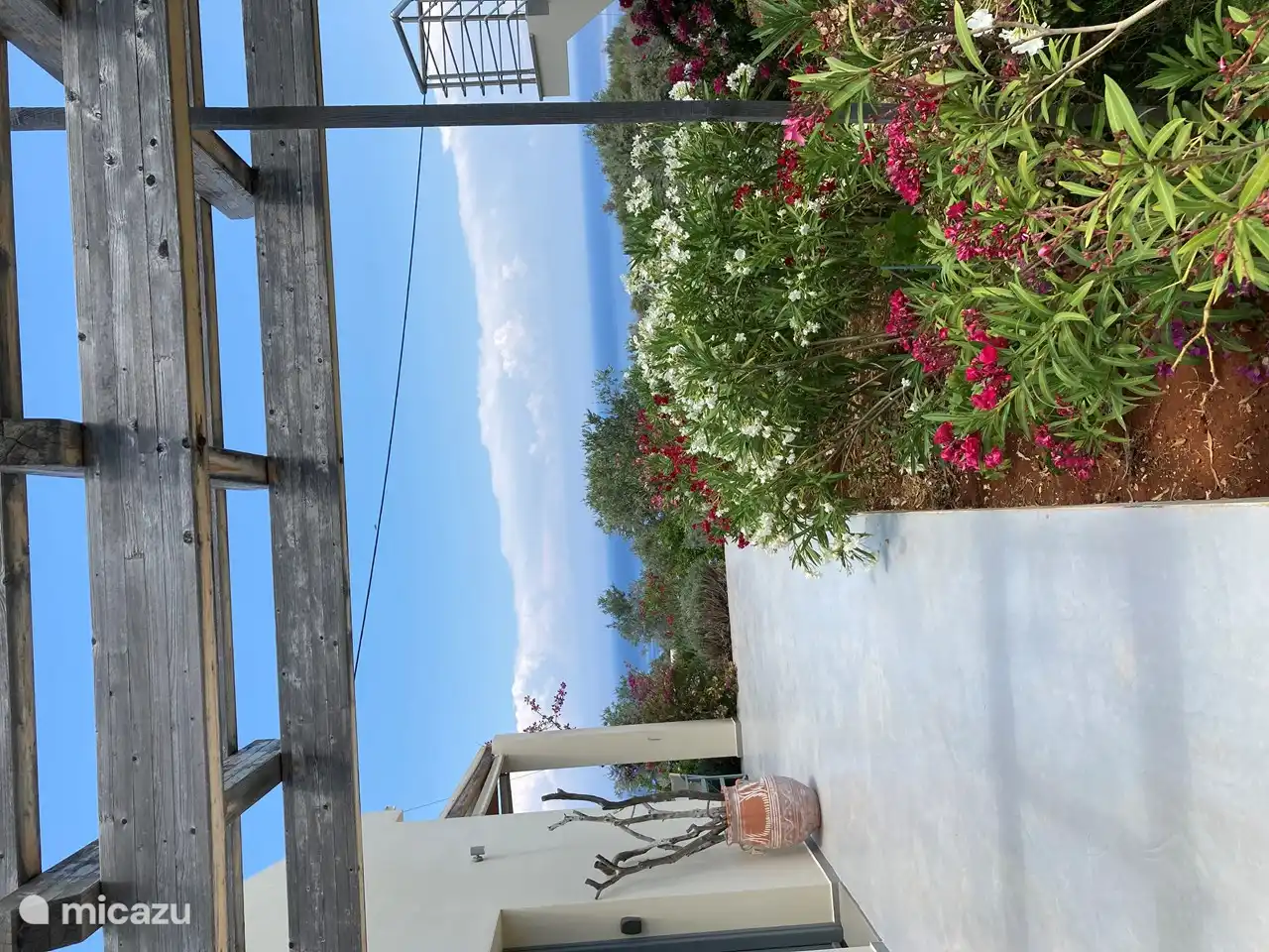 Zijkant van het huis met de oleanders in bloei.