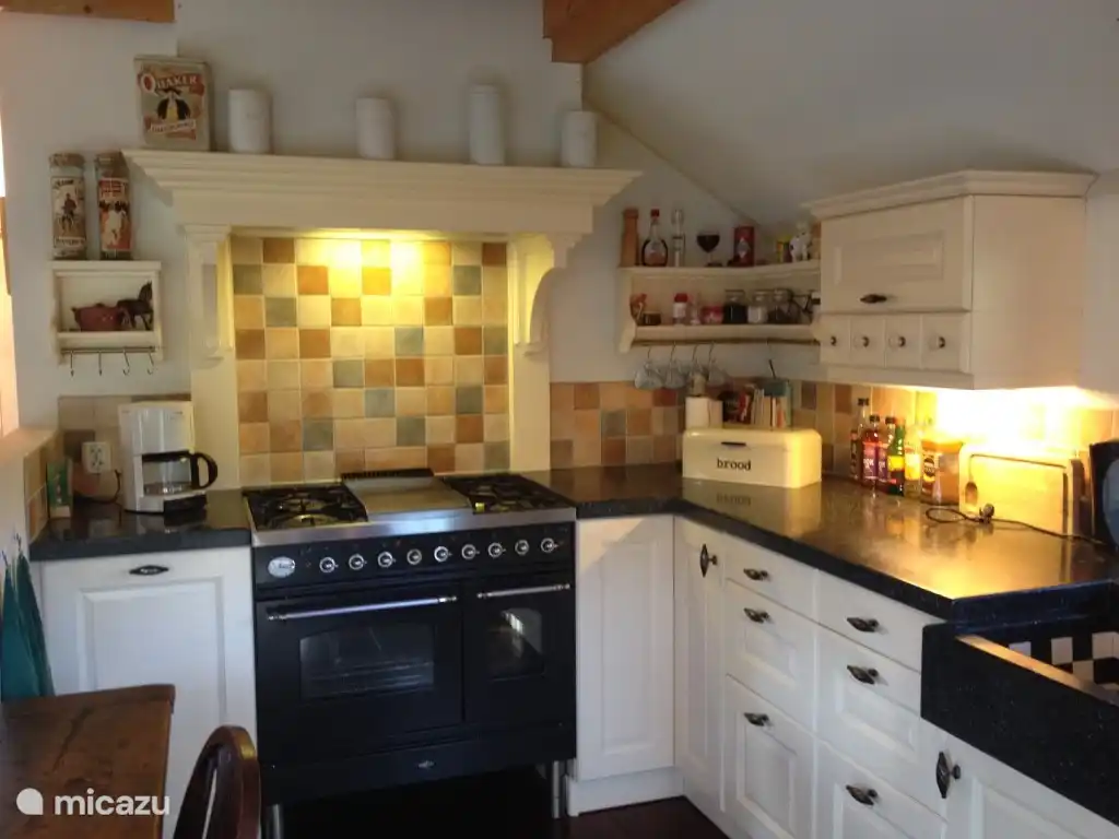 Kitchen, cooking area includes a deluxe gas stove with two separate ovens. The entire kitchen is decorated in the style of a farm.