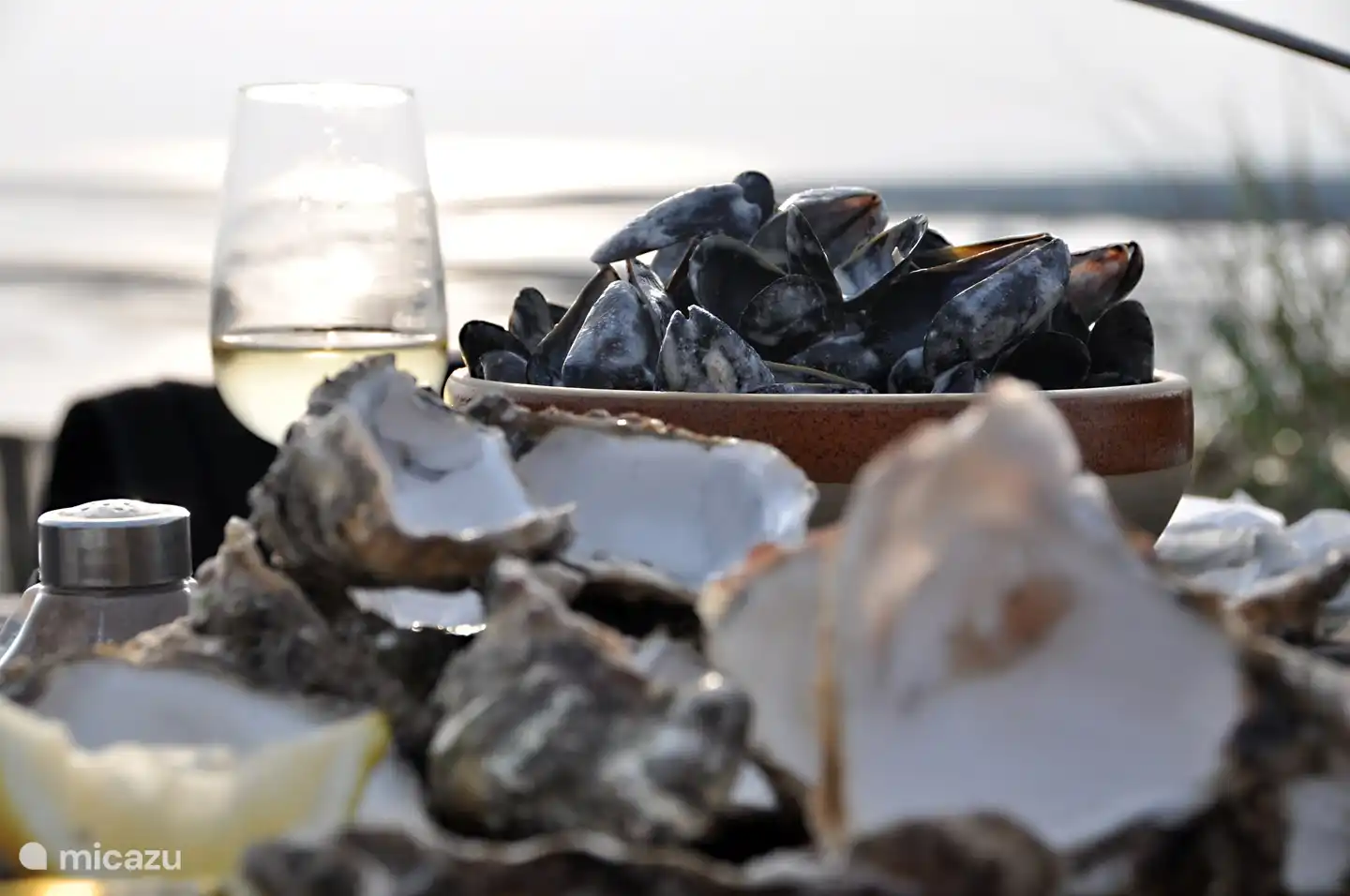 Frische Austern und Muscheln sowie eine Glas muskadette am Strand