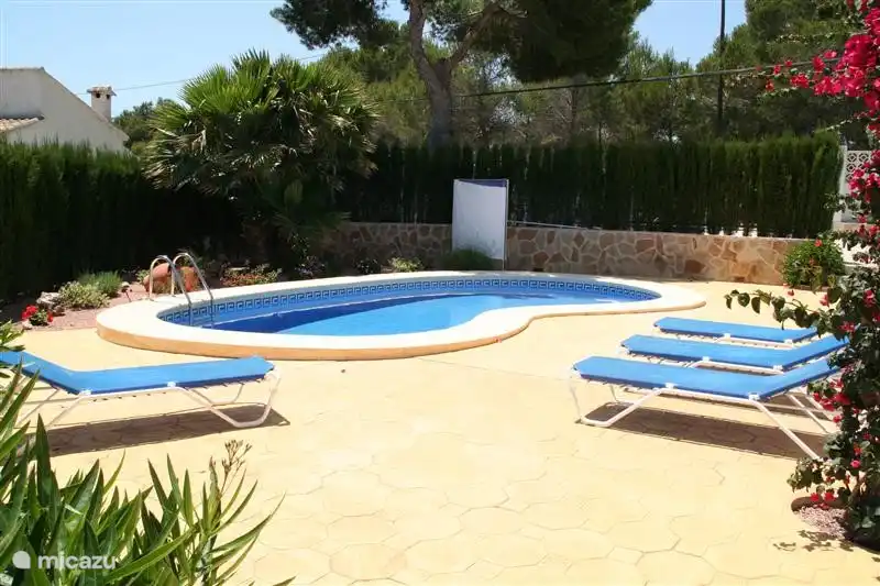 Preciosa piscina en forma de riñón con escalera de obra, amplia terraza con tumbonas y una agradable ducha exterior.