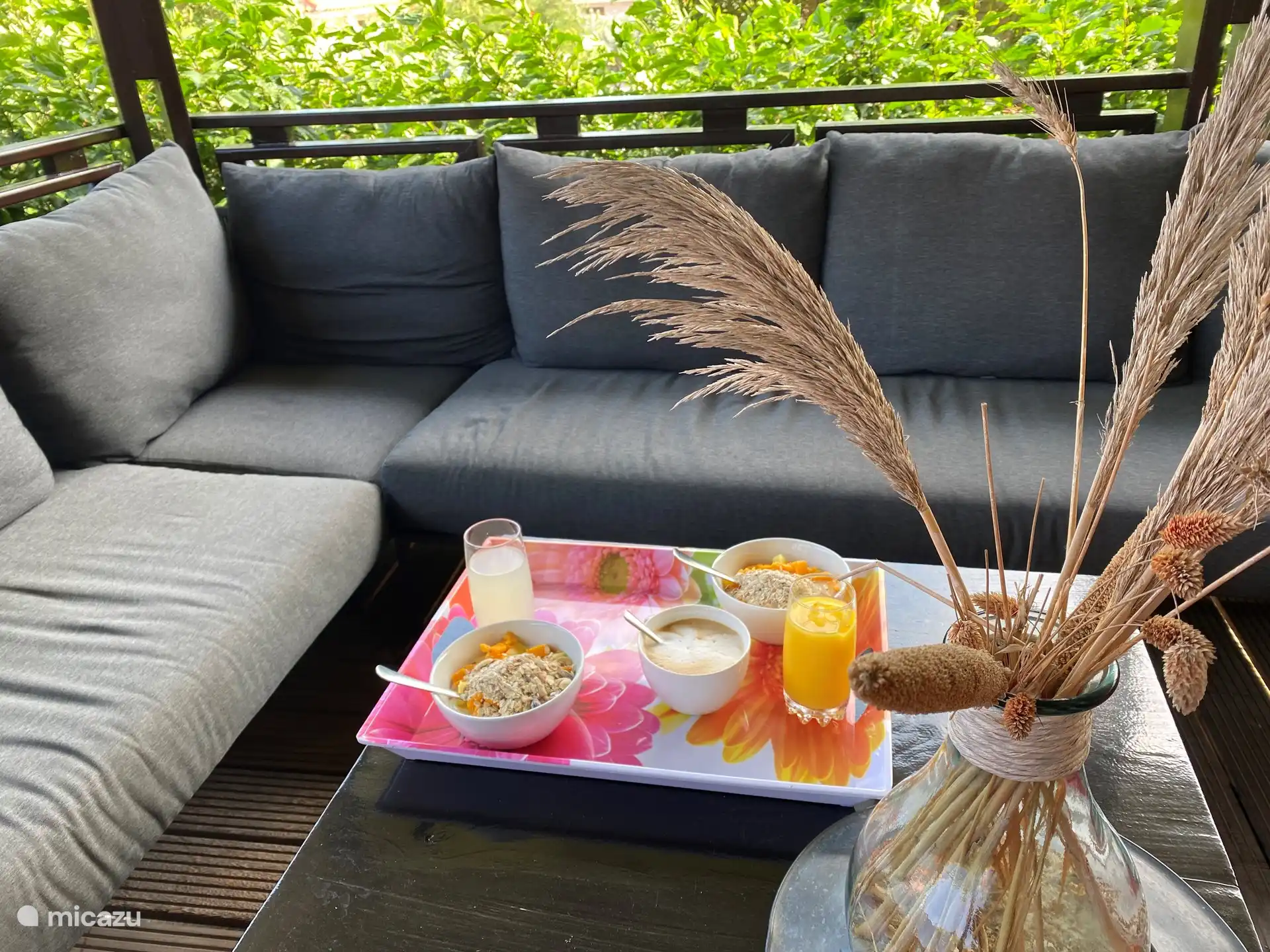 Profitez de rafraîchissements tropicaux sur la véranda ombragée