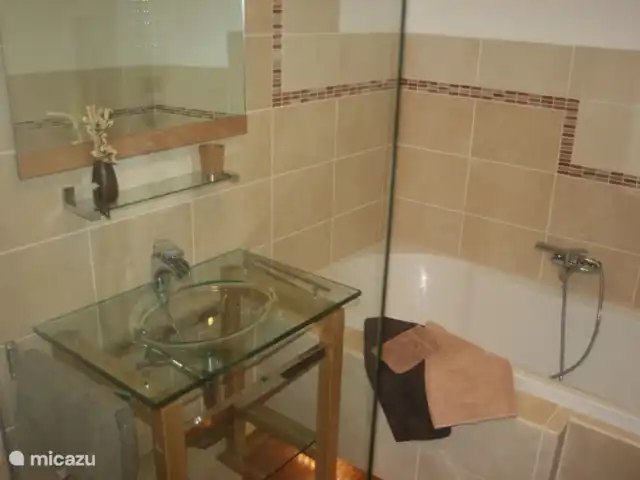 Les Cinq Papillons | France, Dordogne, Marnac - maison de vacances salle de bain avec douche à l'italienne, lavabo et baignoire.