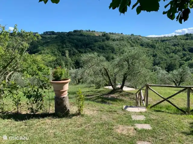 Villa Sabine | Italie, Le Latium, Castelnuovo di Farfa - villa Un escalier mène devant la cuisine extérieure à la partie inférieure du site avec la quatrième terrasse face à l'ouest et la table de ping-pong.