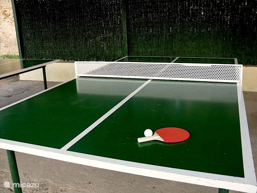 Tischtennis im eingezäunten Hof. Die tennisschläger warten auf Sie in der Wohnung.