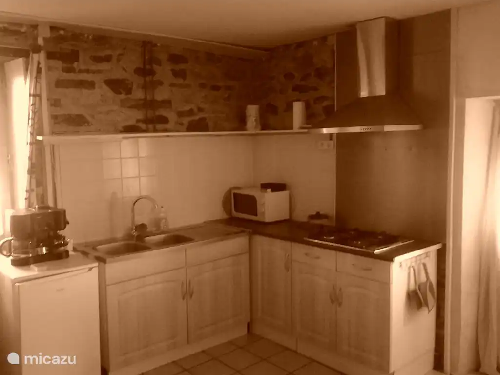 Kitchen corner with microwave oven.