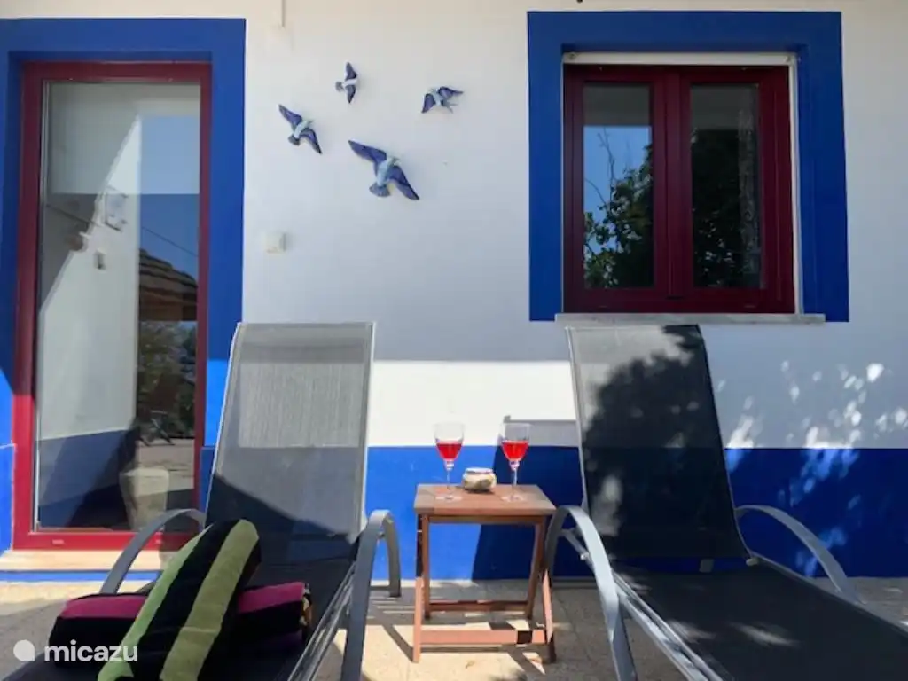 Terrace with garden furniture. Sun and shade. Leeward from the wind.