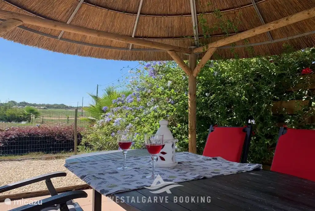 Terrace with garden furniture in the shade and
 in the sun.