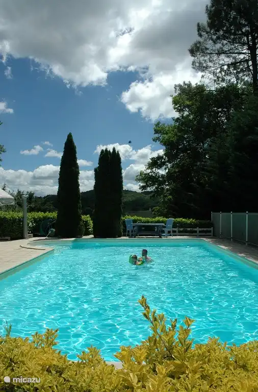 Swimmingpool mit Liegestühlen, Sonnenschirmen und Palmen
