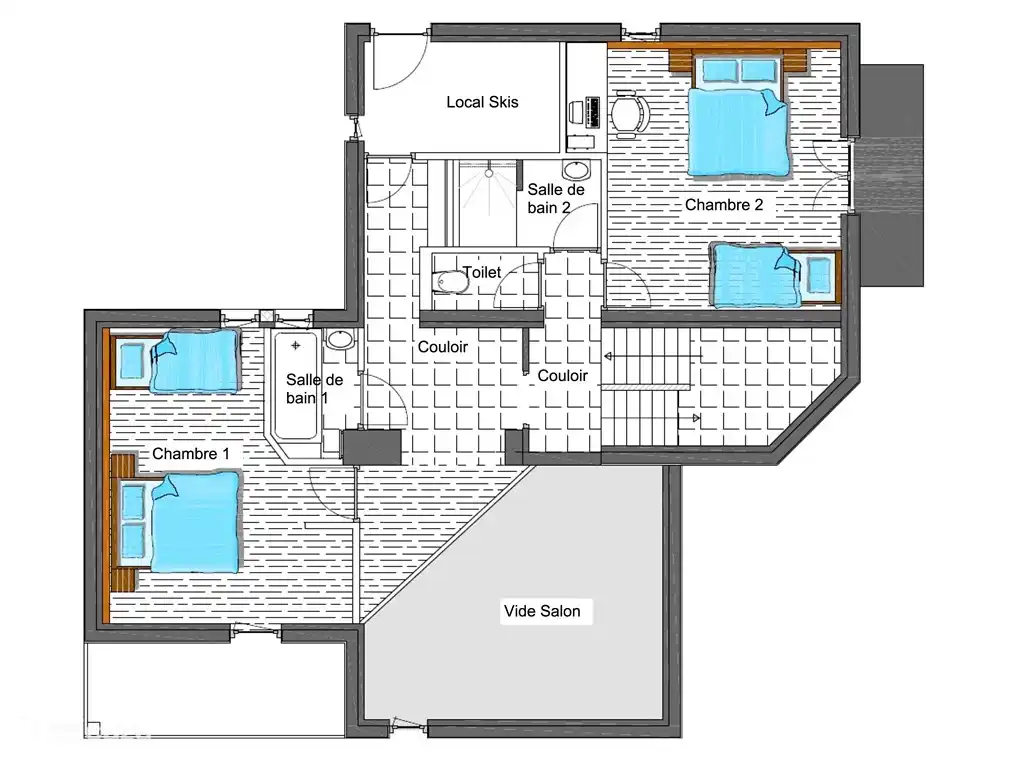Floor plan first floor, with two bedrooms, two bathrooms, ski room and separate WC