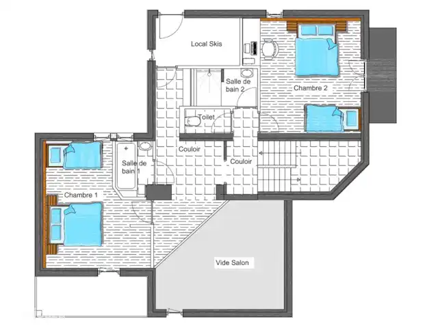 Chalet Rouge ou Blanc - Alpe d'Huez | France, Isère, Villard-Reculas - chalet Plan d'étage au premier étage, avec deux chambres, deux salles de bains, un local à skis et des toilettes séparées