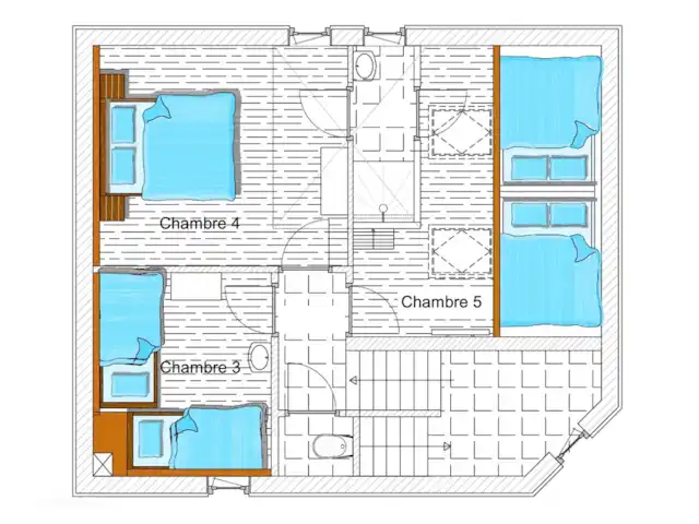 Chalet Rouge ou Blanc - Alpe d'Huez | France, Isère, Villard-Reculas - chalet Plan d'étage au deuxième étage, avec trois chambres, salle de bains et toilettes séparées