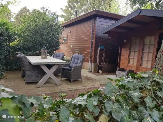 Reewold Veluwe | Pays-Bas, Gueldre, Wells - chalet Mangez à l'extérieur dans la cour privée.