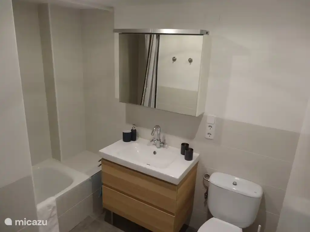 Badkamer 2 met bad, toilet en wastafelmeubel.