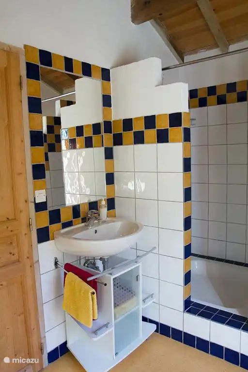 Das Badezimmer hat eine Dusche, Waschbecken, Toilette und zwei große Einbauschränke