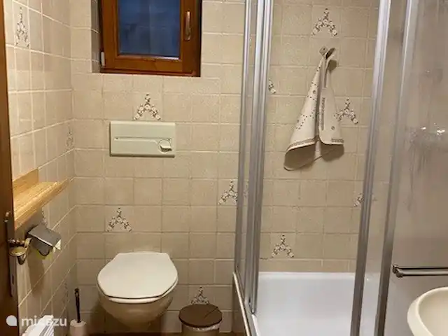 Q alm planta baja en Austria, Tirol, Maurach - chalet Cuarto de baño con lavabo, ducha y WC